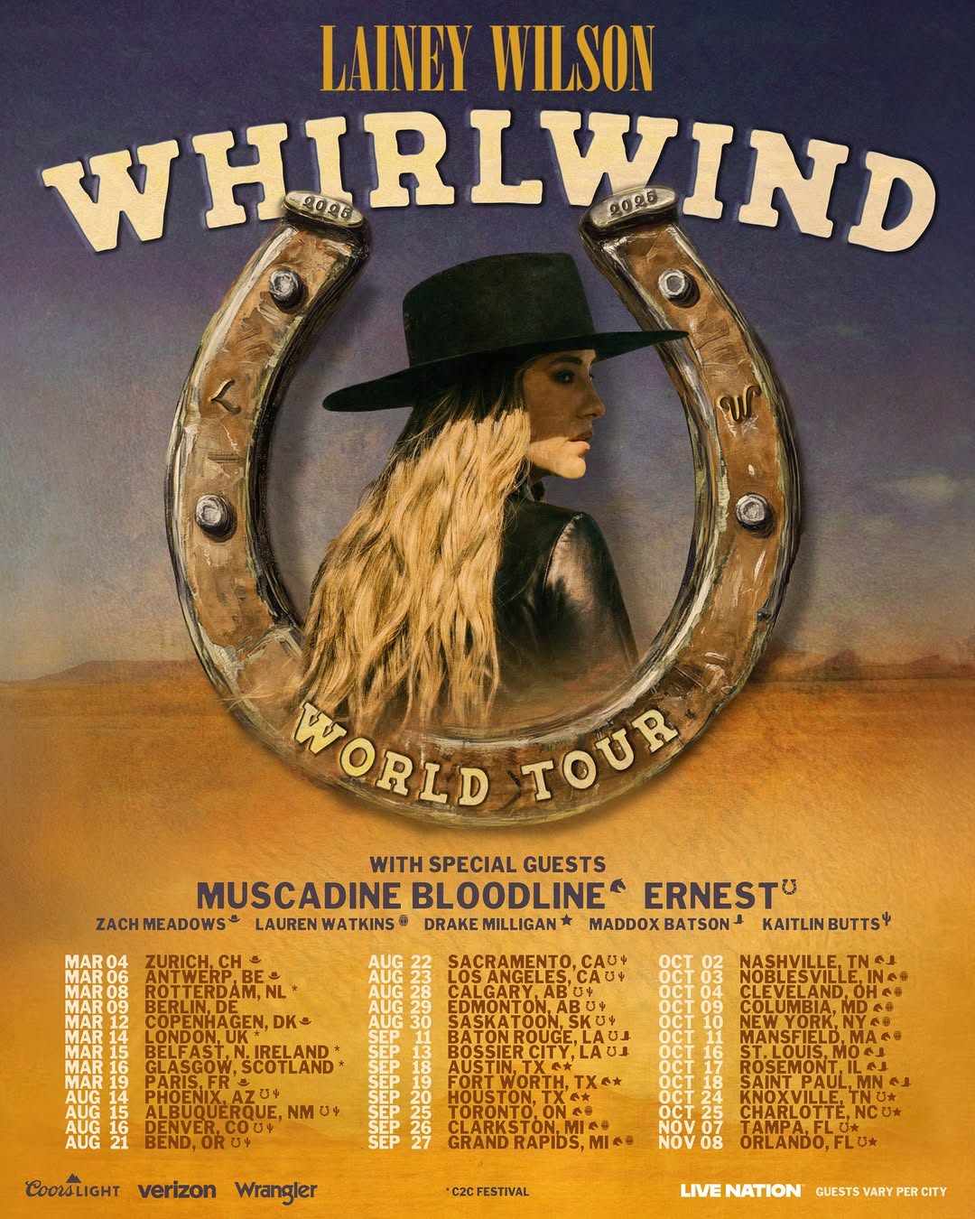 Lainey Wilson Whirlwind World Tour Poster 2025